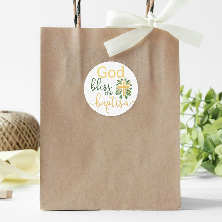 Greenery Baptism Favor Stickers - 1.75 in - 40 Labels