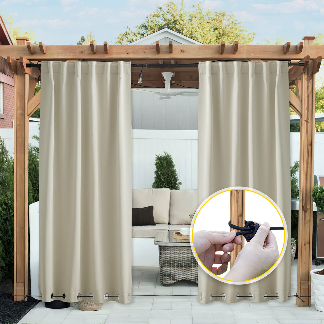 2 Panels Weighted Blackout Curtains for Patio Waterproof, Top & Bottom Grommet & Back Tab Fixed Outdoor Curtains Windproof Drapes Thermal Insulated for Porch, W52 x L84, Light Beige