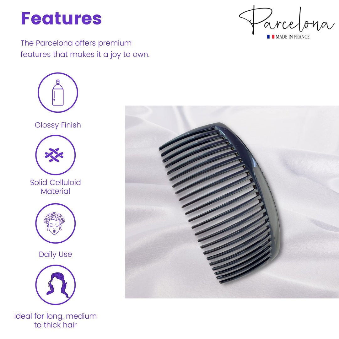French Large 2 Pieces Glossy Black Cellulose Acetate Good Grip Updo 23 Teeth Hair Side Combs 4.25 Inches