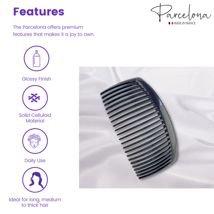French Large 2 Pieces Glossy Black Cellulose Acetate Good Grip Updo 23 Teeth Hair Side Combs 4.25 Inches