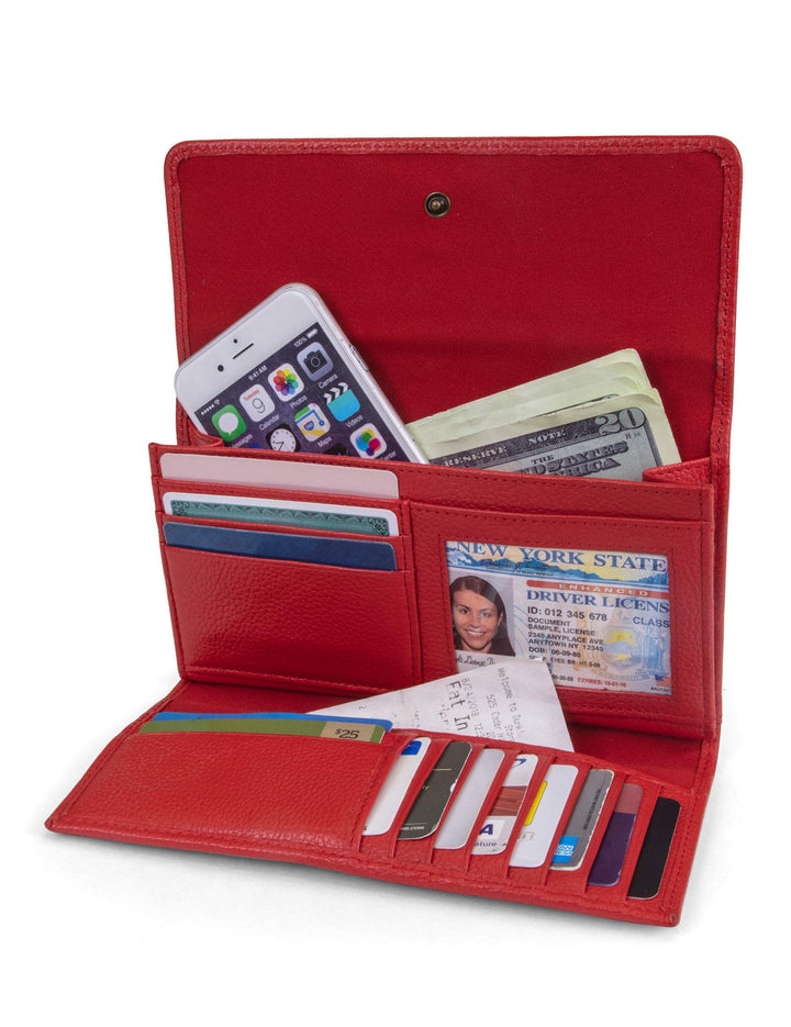 Leather RFID Flap Wallet Clutch Organizer, Cherry (Pebble)