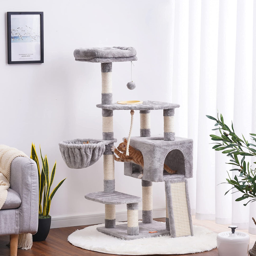 Cat Tree, Cat Tower for Indoor Cats with Scratching Board, Multi-Level Cat Furniture Condo with Feeding BowlLight Gray HCT010W
