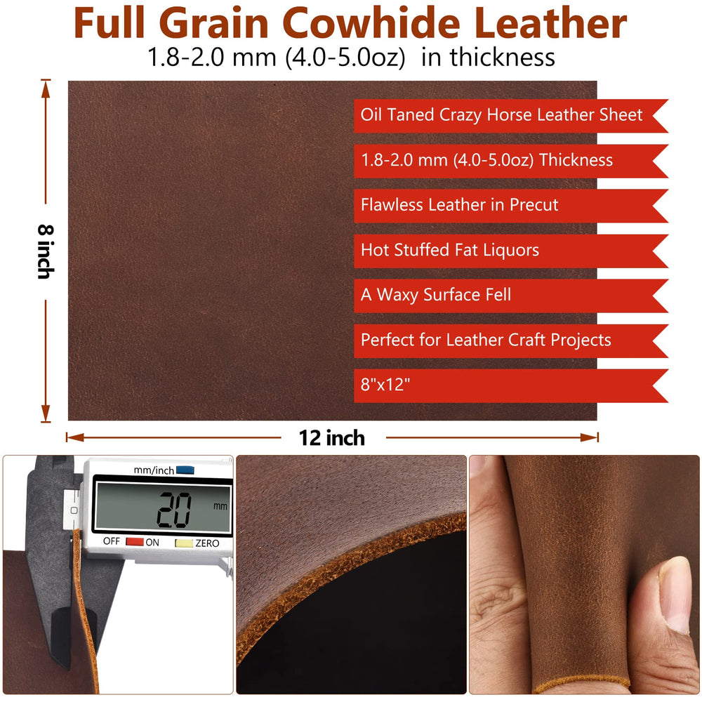 Tooling Leather Square 1.8-2.0MM Thick Genuine Top Full Grain Oil Tan Crazy Horse Cowhide Leather Sheets for Crafts Tooling Sewing Wallet Earring Hobby (Dark Brown, 8x12)