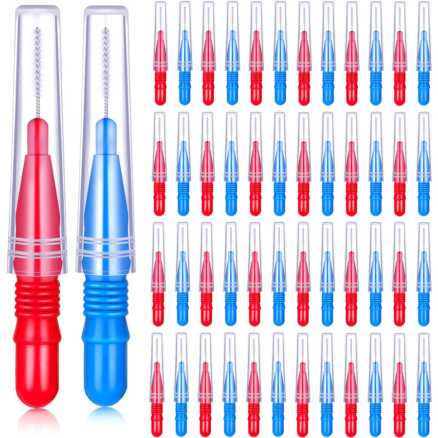 50 Piece Interdental Brush Toothpick Dental Tooth Flossing Head Braces Oral Dental Hygiene Interdental Brush Dental Flosser Toothpick Cleaners Tooth Cleaning Tool (Red, Blue)