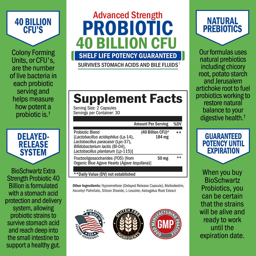Daily Probiotic Supplement with 40 Billion CFU - Gut Health Complex with Astragalus and Lactobacillus Acidophilus Probiotic for Women and Men - Shelf Stable with Prebiotics for Digestive Health