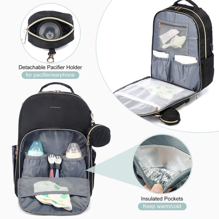 Diaper Bag Backpack, Quilted Baby Bag with Changing Pad & Pacifier Holder, Waterproof Travel Diaper Bags for Baby Boys Girls, Stylish and Large Capacity, Black