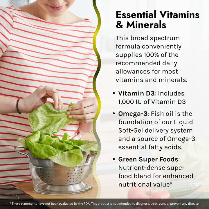 Only One Liquid-Gel Multi - 60 Liquid Softgels - No Iron Daily Essential Vitamins, Minerals, Antioxidants, Omega-3 & Green Super Foods