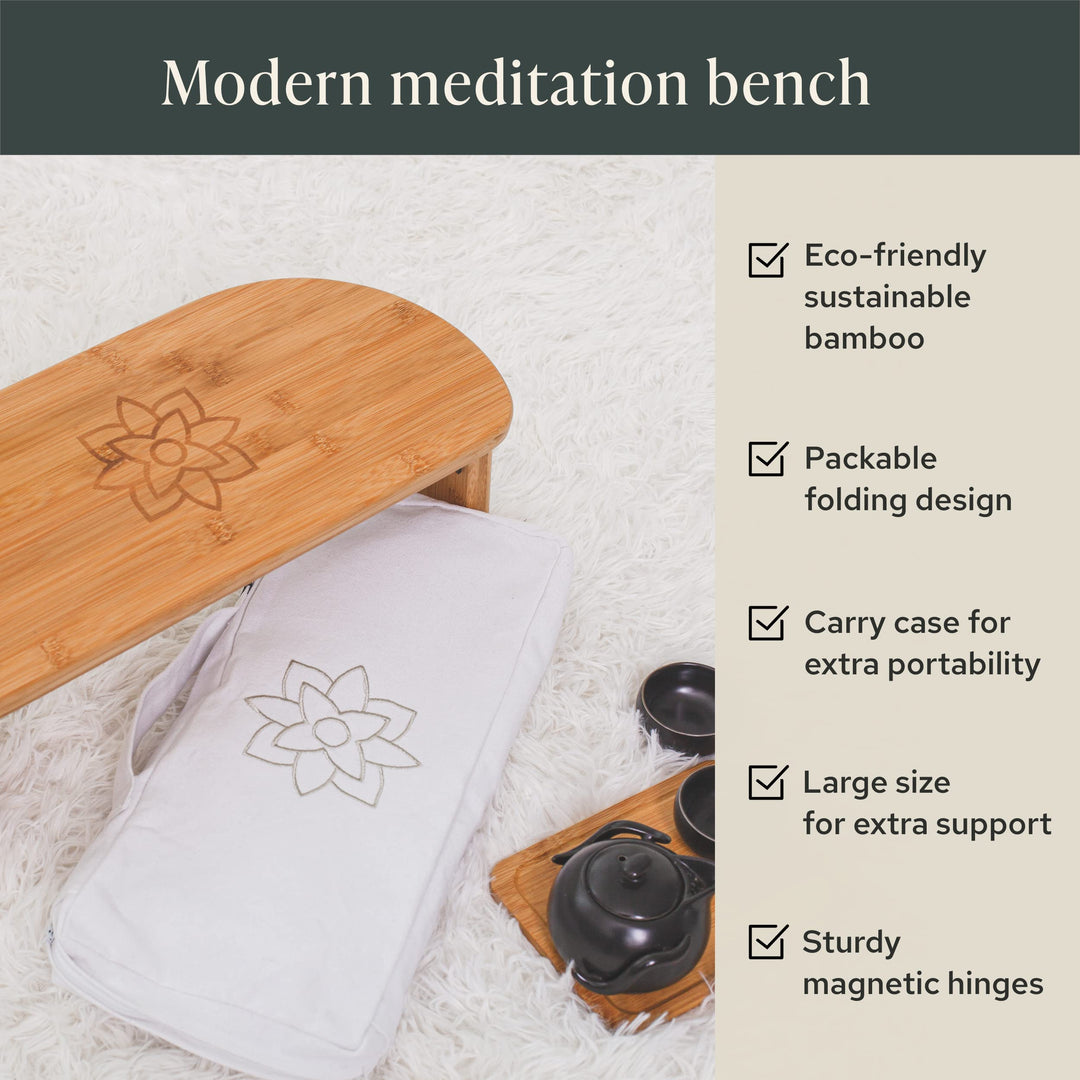Folding Meditation Bench - Bamboo Kneeling Stool with Locking Magnetic Hinges - Portable Cross Legged Folding Seiza Chair w/Travel Bag