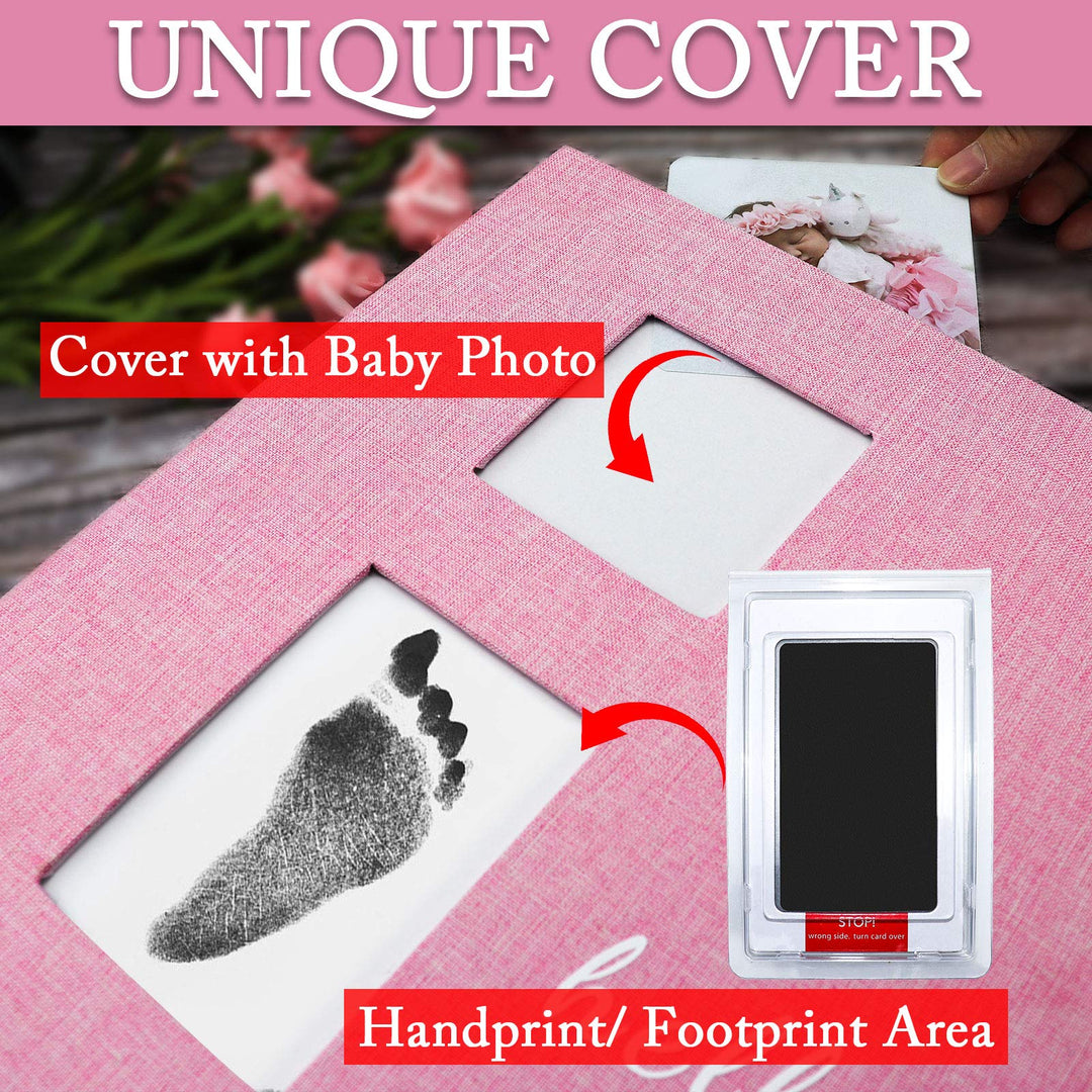 Baby Photo Album Self Adhesive Memory Book 4x6 Magnetic Scrapbook Kit with Clean-Touch Ink Pad Handprint Footprint and A Metallic Pen for Boy/Girl 2 Windows 40 Pages