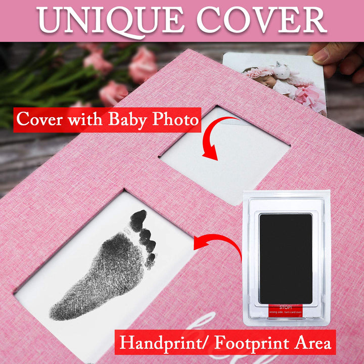 Baby Photo Album Self Adhesive Memory Book 4x6 Magnetic Scrapbook Kit with Clean-Touch Ink Pad Handprint Footprint and A Metallic Pen for Boy/Girl 2 Windows 40 Pages