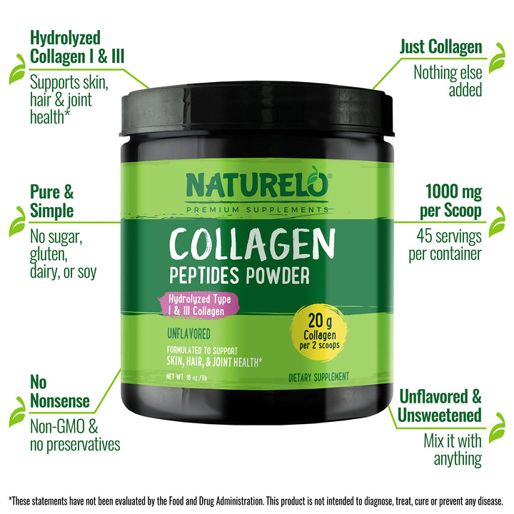 Collagen Peptide Powder, Hydrolyzed Collagen Type I & III, Skin Hair & Joint Health - Unflavored, 16 Ounces | 45 Servings