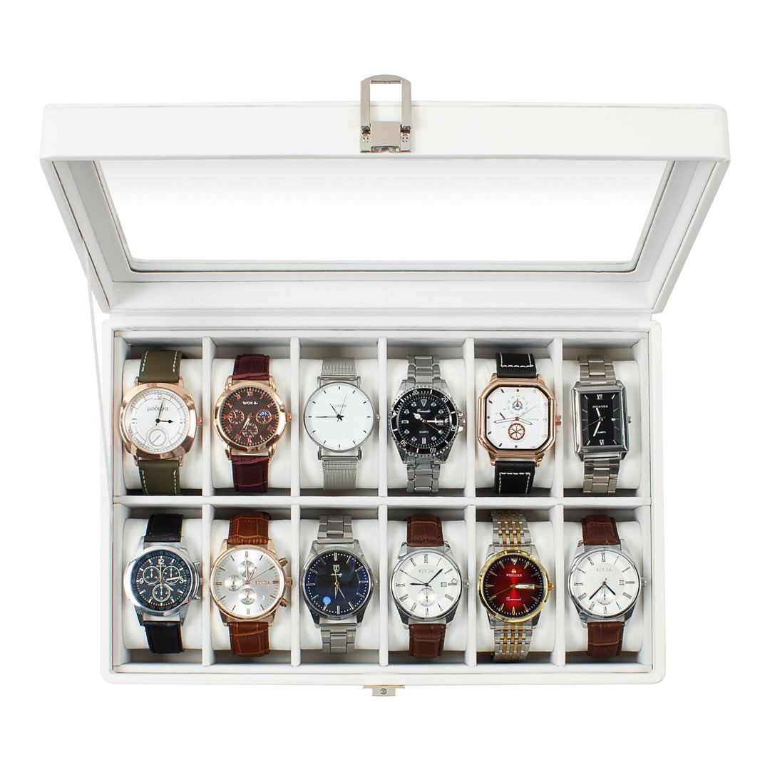 Watch Box, 12 Slot Watch Case with Large Real Glass Lid, Watch Organizer with Removable Watch Pillow, White Synthetic Leather Watch Display, White