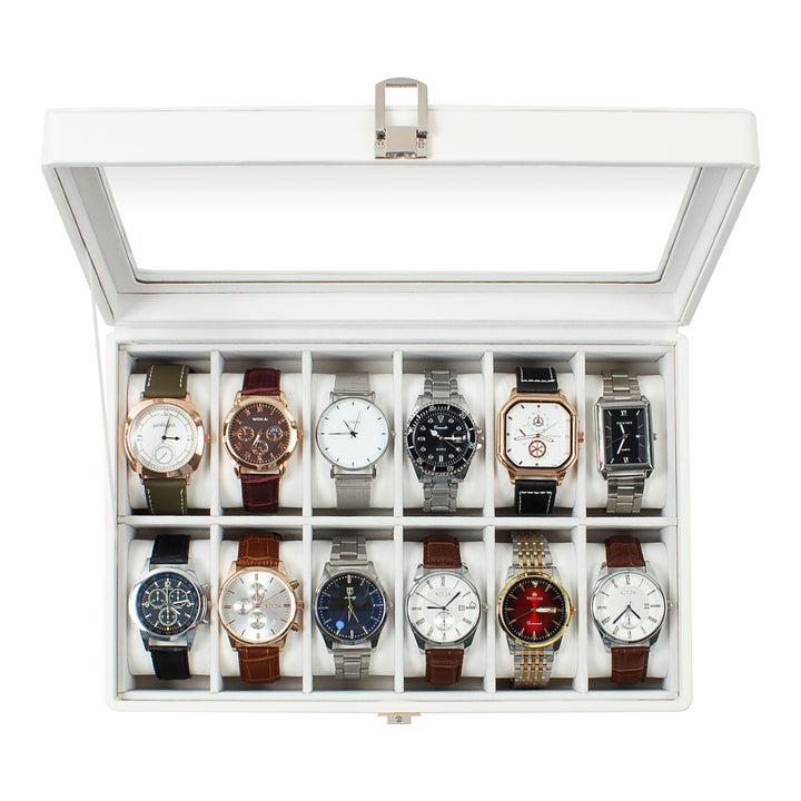 Watch Box, 12 Slot Watch Case with Large Real Glass Lid, Watch Organizer with Removable Watch Pillow, White Synthetic Leather Watch Display, White