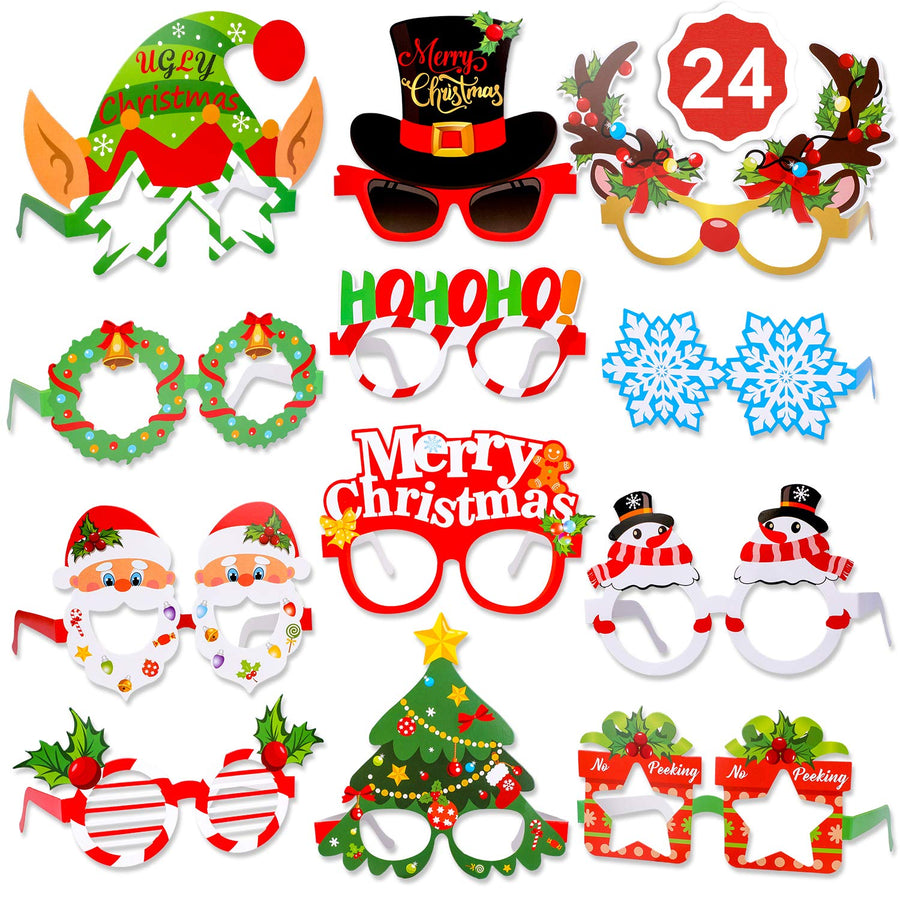 Christmas Glasses Funny Christmas Sunglasses Decorative Eyeglasses Frame Photo Prop Celebration, Xmas Santa Snowflake Decor,For Christmas Party Favors Supplies Decoration, Pack Of 24