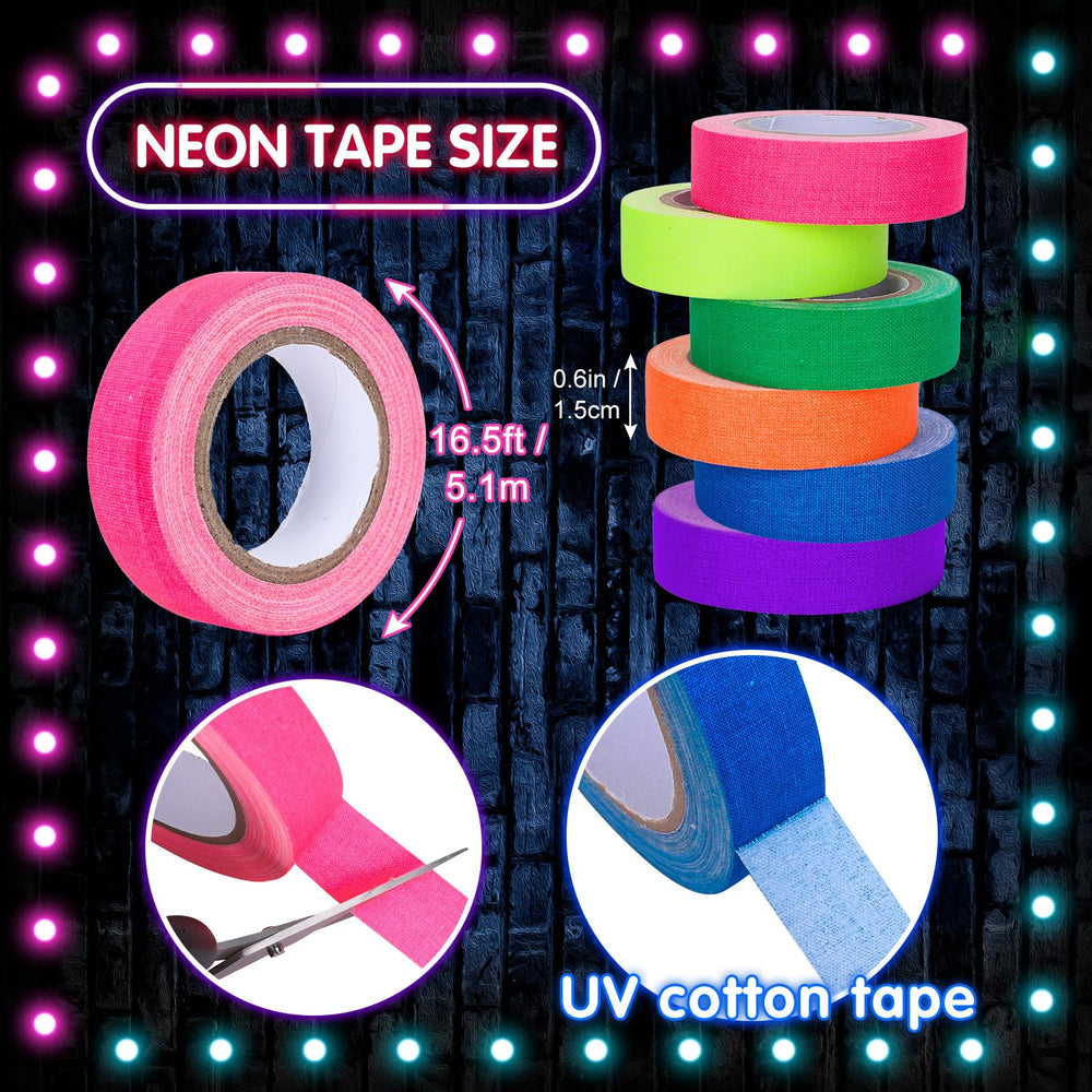 6 Colors Neon Gaffer Cloth Tape, Fluorescent UV Blacklight Glow in The Dark Tape for UV Party (0.6 inch x 16.5 feet)