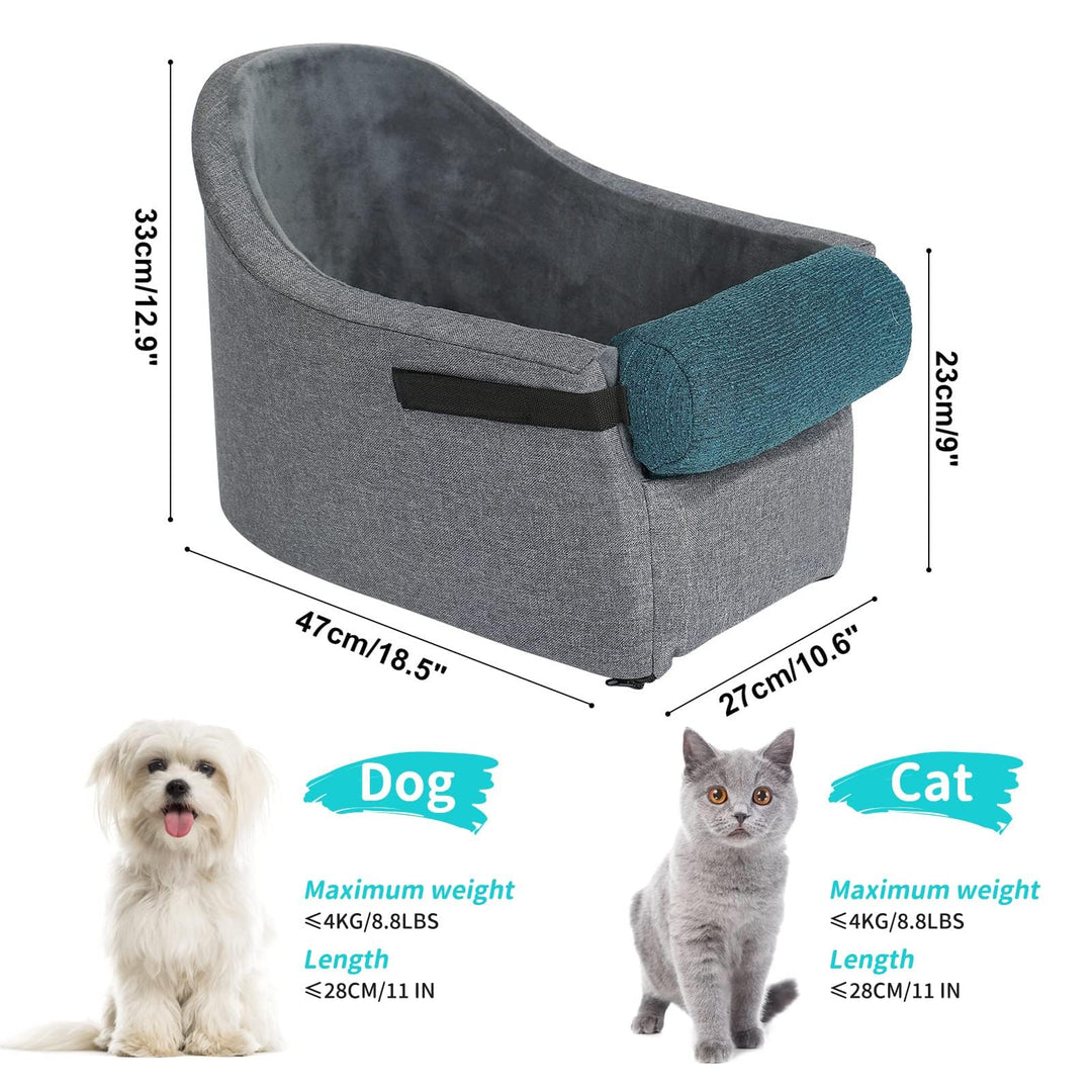 Pet Car Booster Seat - Small Dogs Armrest Booster Seat for Middle Console, Grey and Blue