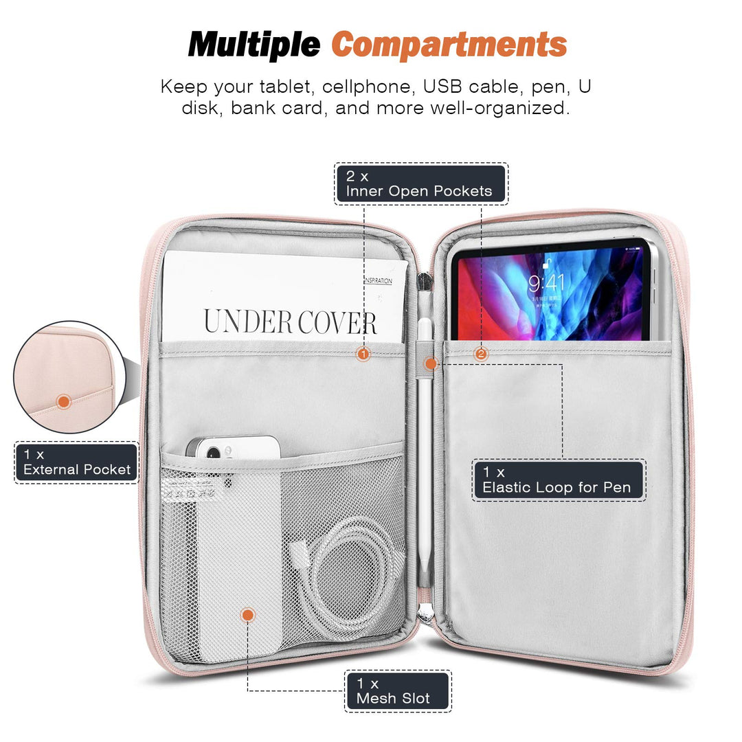 9-11 Inch Tablet Sleeve Case,Fits New iPad Air/Pro 11 inch 2024, iPad Air 5/4th 10.9, iPad 10th Gen 10.9, iPad 9/8/7th 10.2, Galaxy Tab S8/S9 11,Protective Bag Carrying Case with Pocket, Pink