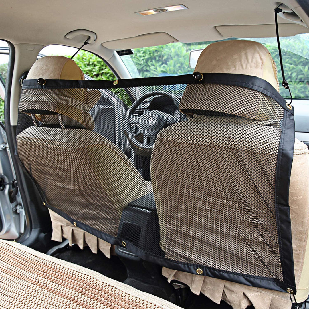 Dog Car Barrier, Adjustable Dog Net for Car Between Seats, Pet Net Barrier Front Seat, SUV Car Mesh Barrier Back Seat with Flexible Bungee Cords and Hooks, Universal Fit Sturdy Mesh Front Seat Barrier