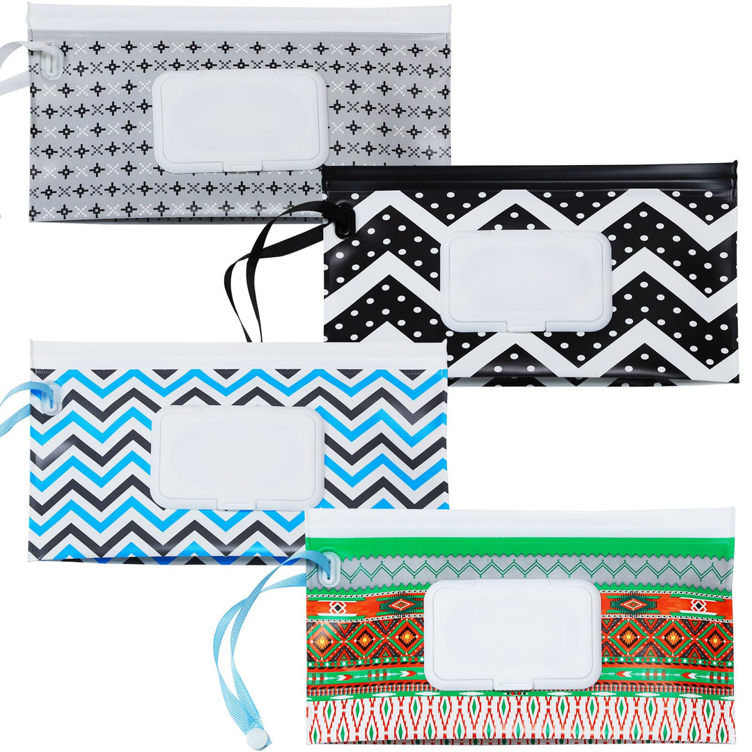 Baby Wipe Dispenser, 4 Pack Portable Refillable Wipe Holder, Reusable Lightweight Wipes Container Case Holder for Travel Wet Wipe Pouch,Geometric