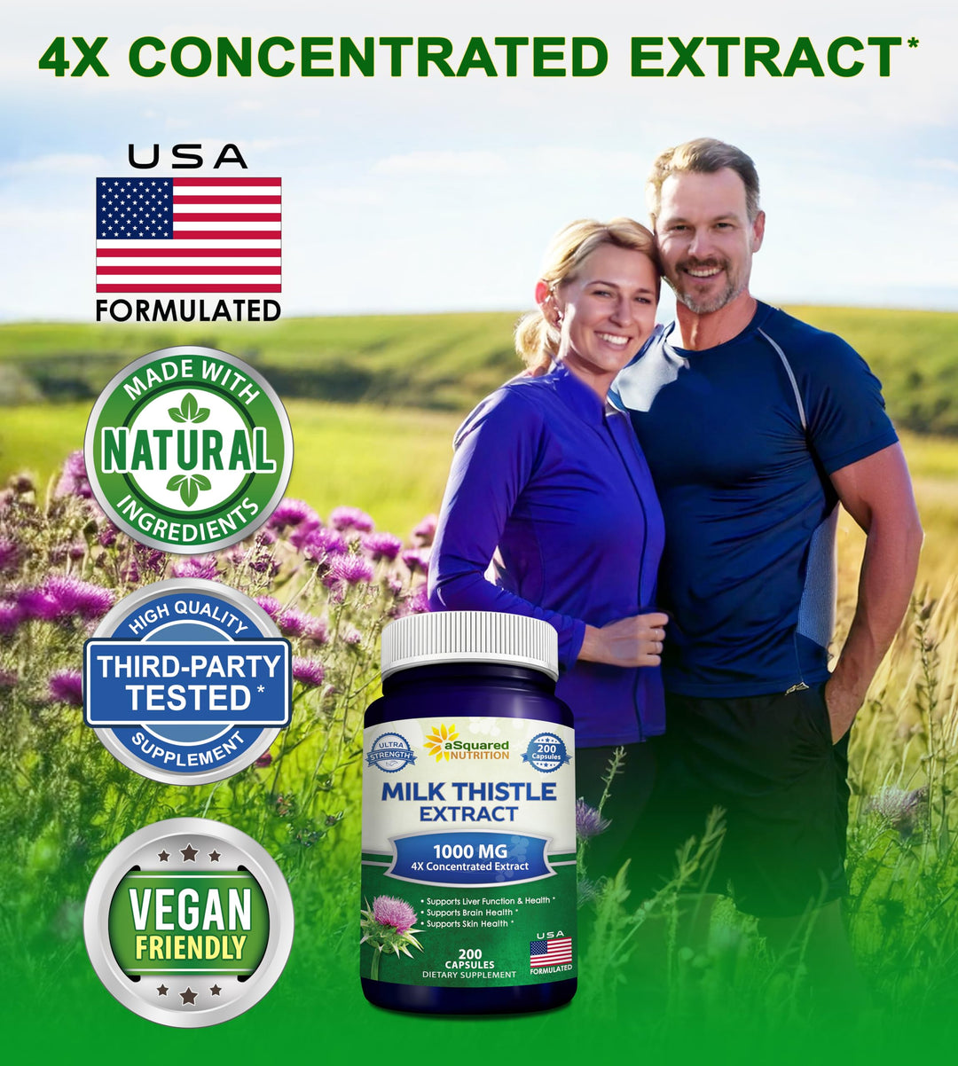 Milk Thistle Supplement 1000mg-200 Capsules,Max Strength 4X Concentrated Extract 4:1 Milk Thistle Seed Powder Herb Pills, 1000 mg Silymarin Extract for Liver Support, Cleanse, Detox