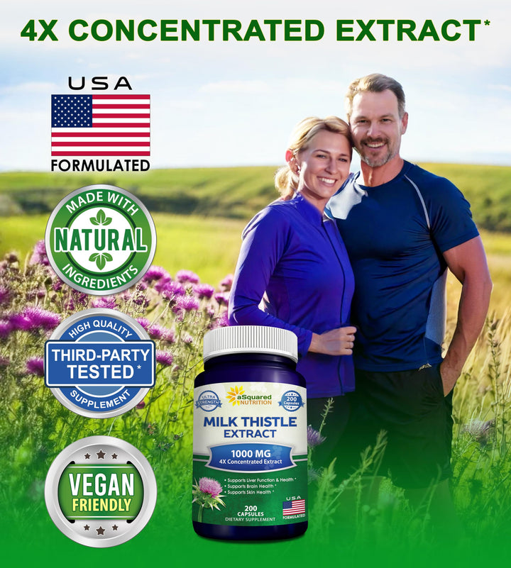Milk Thistle Supplement 1000mg-200 Capsules,Max Strength 4X Concentrated Extract 4:1 Milk Thistle Seed Powder Herb Pills, 1000 mg Silymarin Extract for Liver Support, Cleanse, Detox