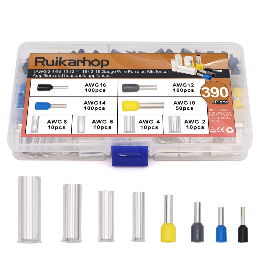 390pcs AWG (2 4 6 8 10 12 14 16) Wire Ferrules Kits Crimp Terminal Connector Sleeves
