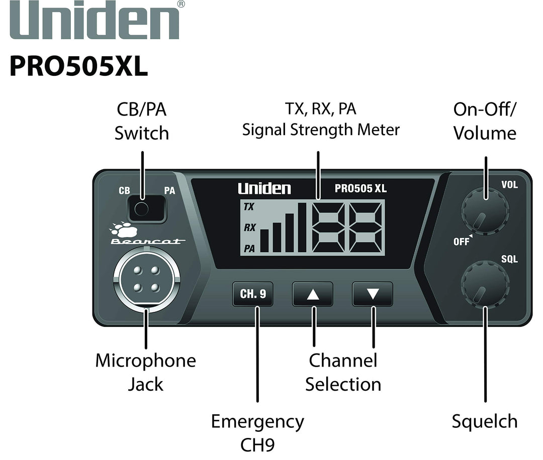 PRO505XL 40-Channel CB Radio. Pro-Series, Compact Design. Public Address (PA) Function. Instant Emergency Channel 9, External Speaker Jack, Large Easy to Read Display. - Black