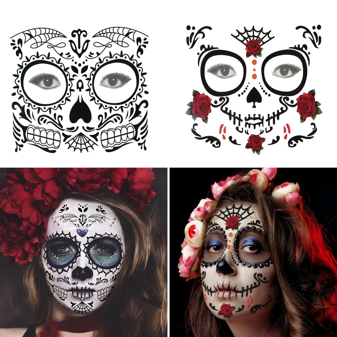 12 Pack Day of the Dead Sugar Skull Temporary Face Tattoo Halloween Makeup Tattoo for Men and Women
