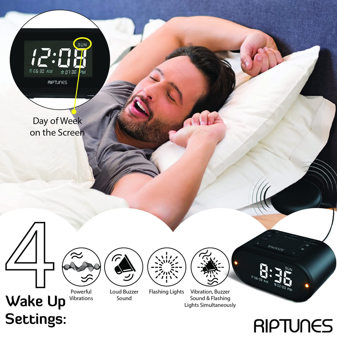 Loud Alarm Clock with Bed Shaker for Heavy Sleepers, Vibrating Alarm Clock for Hearing impaired, Dual Alarm Clock for Bedroom with Vibrating Bed Shaker USB Charging Port, Dimmer, Snooze