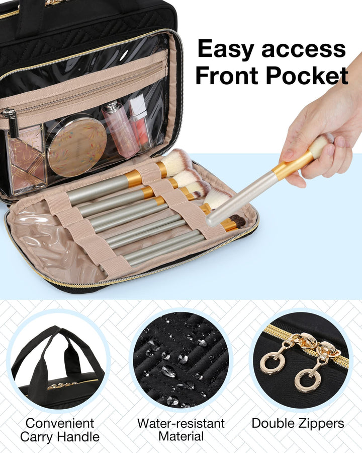 Toiletry Bag Hanging Travel Makeup Organizer with TSA Approved Transparent Cosmetic Bag Makeup Bag for Full Sized Toiletries, Large-Blck