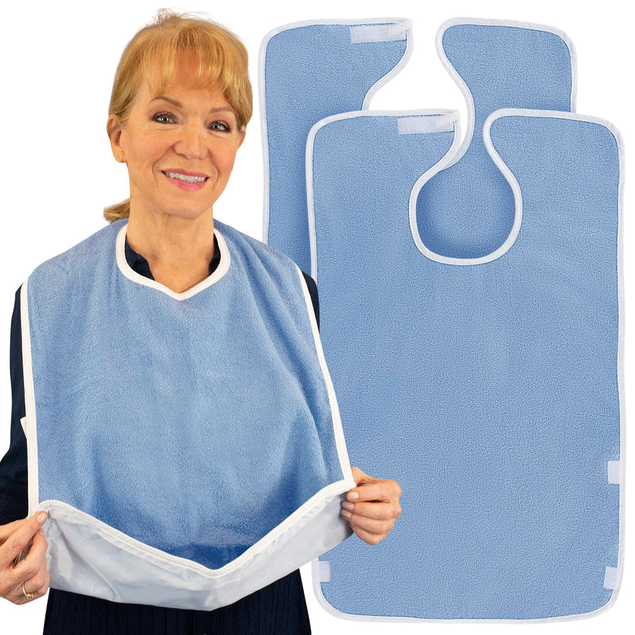 Adult Bibs (2-pack) - Waterproof Apron Set for Men, Women for Eating with Adjustable Strap - Washable Reusable Large Terry Cloth
