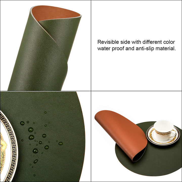 8 Pieces Round Leather Placemat and Coasters Set, PU Waterproof Place Mat Heat Resistant Non-Slip Washable Mats for Kitchen Dining Table (Brown, Dark Green)