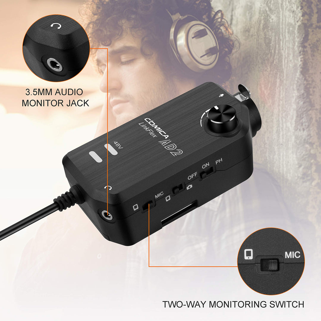 LINKFLEX AD2 XLR/ 6.35mm Audio Preamp Adapter with 48V Phantom Power, Real-time Monitoring, Guitar Interface Microphone Preamp for iPhone, iOS, Android, Tablet and DSLR Cameras