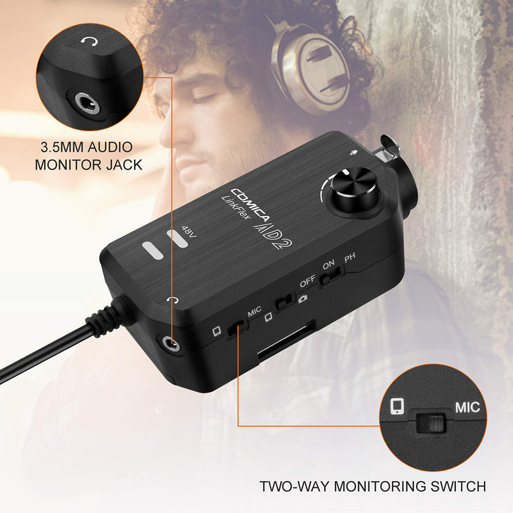 LINKFLEX AD2 XLR/ 6.35mm Audio Preamp Adapter with 48V Phantom Power, Real-time Monitoring, Guitar Interface Microphone Preamp for iPhone, iOS, Android, Tablet and DSLR Cameras