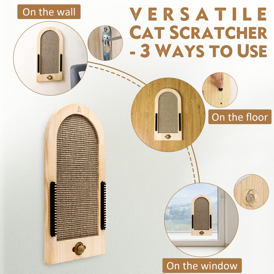 Cat Scratching Post - Extra Large - Wall-Mounted Cat Scratcher with Catnip Ball and Self Groomer Brushes - Furniture Window Mount - Scratch Pad for Indoor Cats.