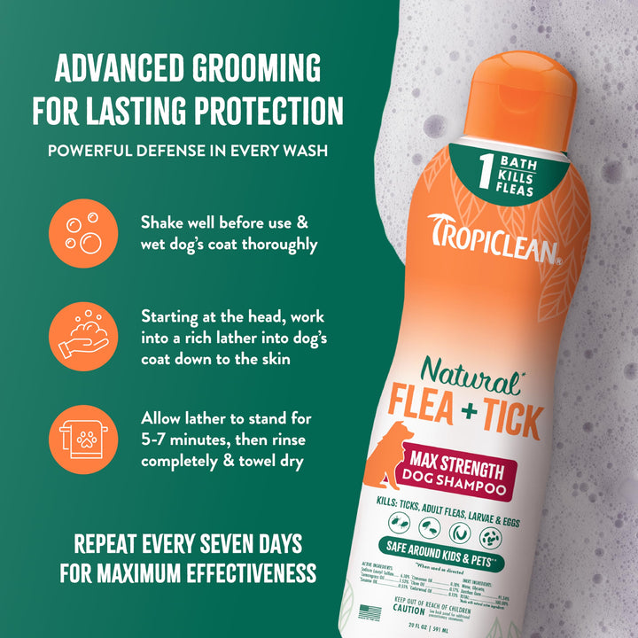 Max Strength Flea and Tick Shampoo Treatment for Dogs, Powerful & Natural Defense, Prevention for Large & Small Dogs, Made in USA, 20oz