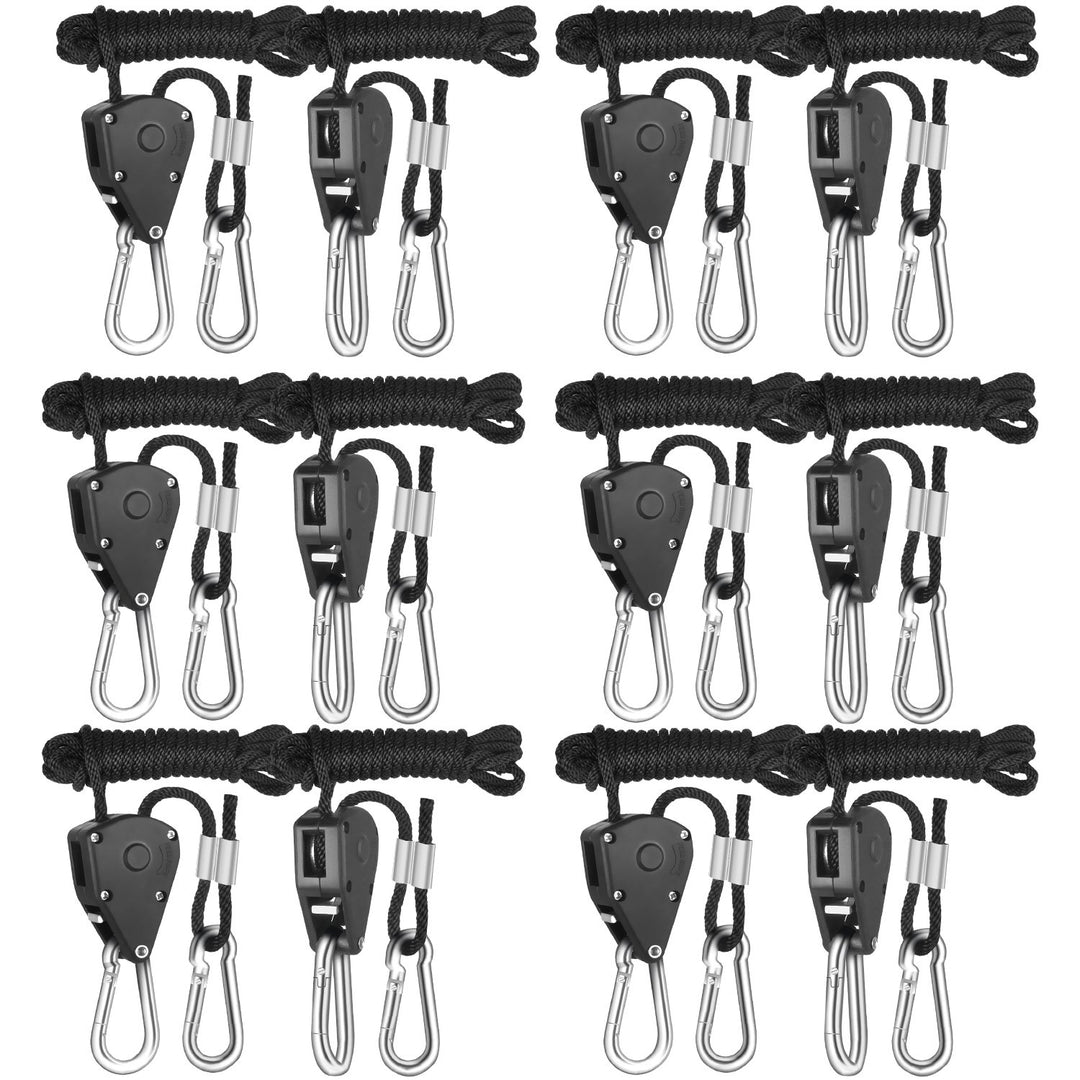 GLROPEX6 6-Pair 1/8 Inch 8-Feet Long Heavy Duty Adjustable Rope Clip Hanger (150lbs Weight Capacity) Reinforced Metal Internal Gears, 6 Pack, black