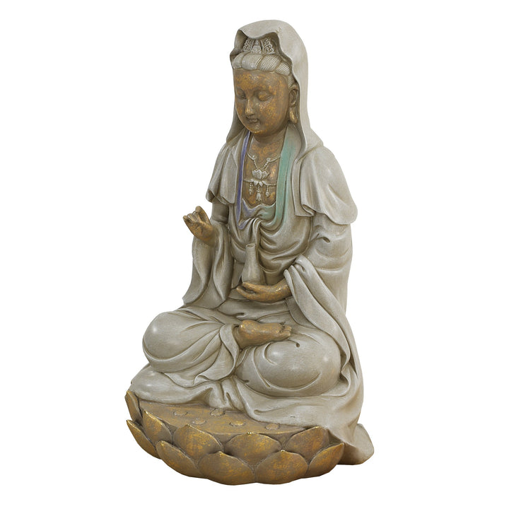 EU1017 Guan-Yin Patroness of Compassion Seated on Lotus Asian Decor Indoor/Outdoor Garden Statue, 7 inches wide, 12 inches tall, Handcast Polyresin, Faux Stone & Metallic Finish