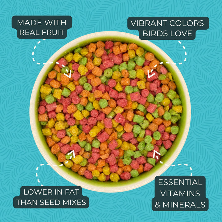 FruitBlend Bird Pellets, Daily Bird Food for Parakeet, Budgie, Parrotlet, Dove, Core Nutrition for Small Birds, Made in USA, Parakeet Food, Budgie Food (S, 2 lb)