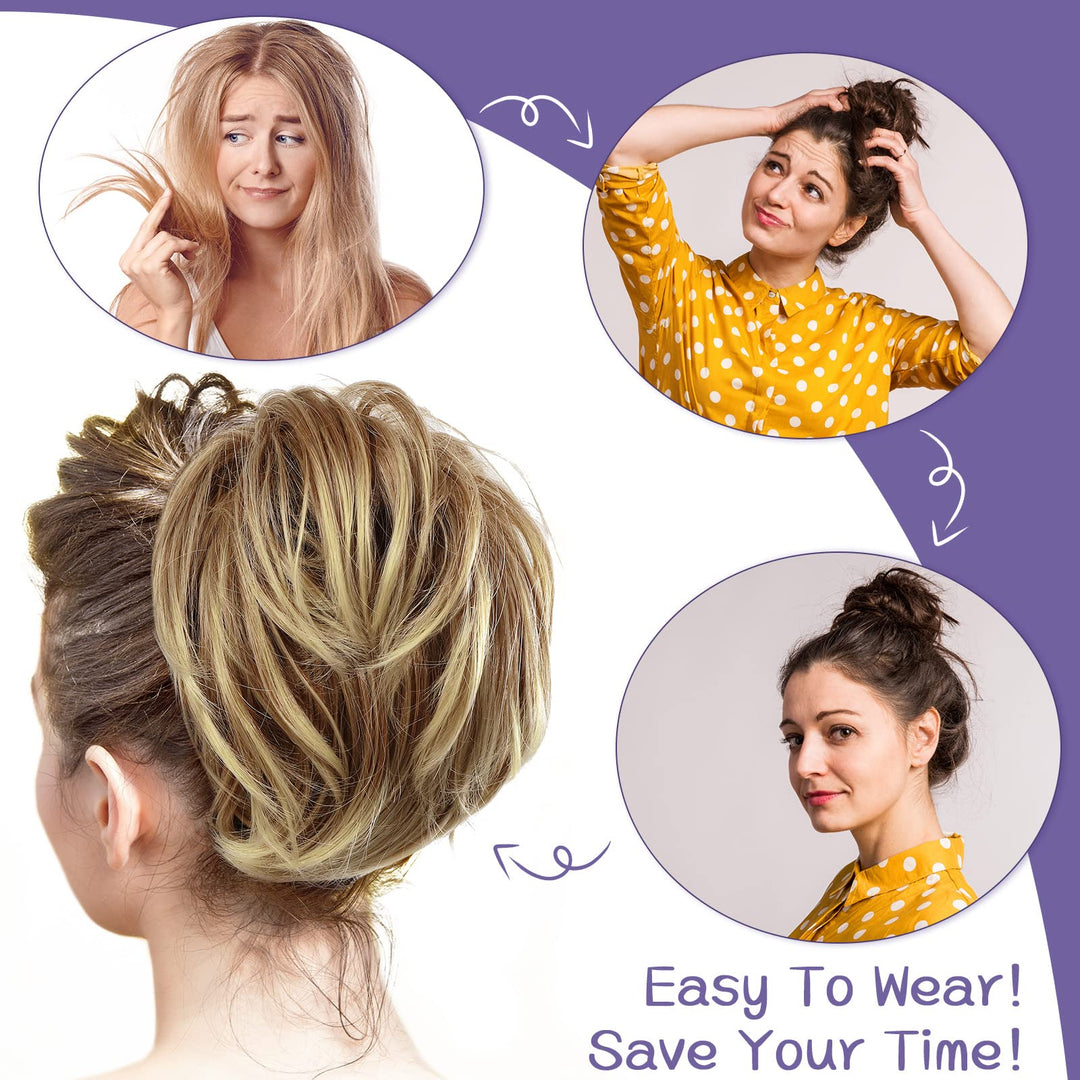 4 Pcs Messy Hair Bun Hairpiece Tousled Updo for Women Hair Extensions Straight Short Ponytail Elastic Scrunchies Curly Hair Accessories (Brown mix Blond/12H24,Basic Style)