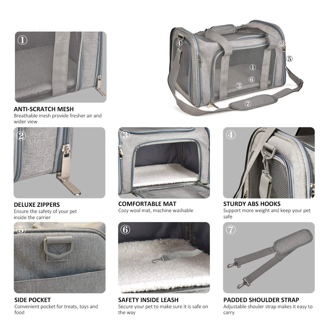 Large Dog Cat Carriers Puppies up to 25Lbs, Big Dog Carrier Soft Sided, Collapsible Travel Puppy Carrier - Large - Grey