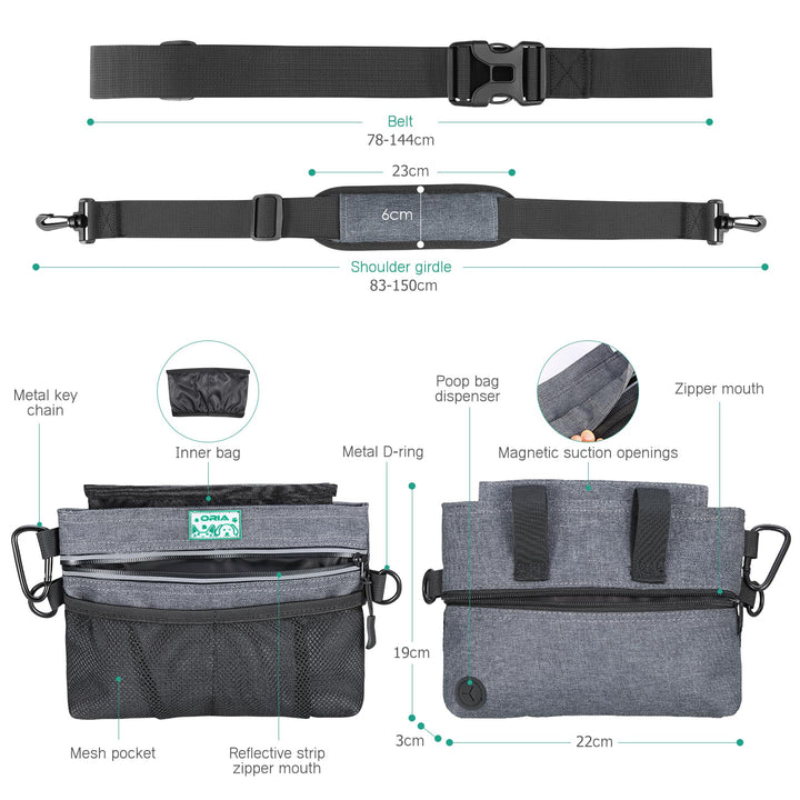 Dog Treat Training Pouch, Pet Out Training Belt Bag, Dog Food Bag with Removable Inner Pocket, Built-in Poop Bag Dispenser, Dog Training Bag, Gray