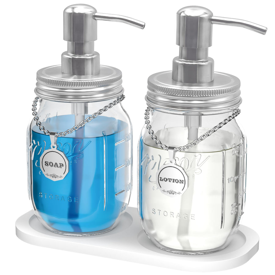 Mason Jar Soap Dispenser Set with 16 Ounce Mason Jar, Non-Slip Coaster, Made from Rust Proof Stainless Steel, Soap Labels-Silver