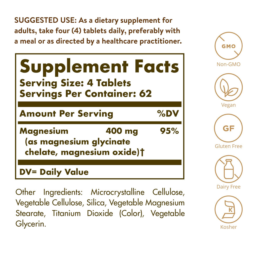 Solgar Chelated Magnesium, 250 Tablets - Supports Nerve & Muscle Function - Promotes Healthy Bones - Vital for Cellular Energy Release - Non-GMO, Vegan, Gluten Free, Dairy Free - 62 Servings