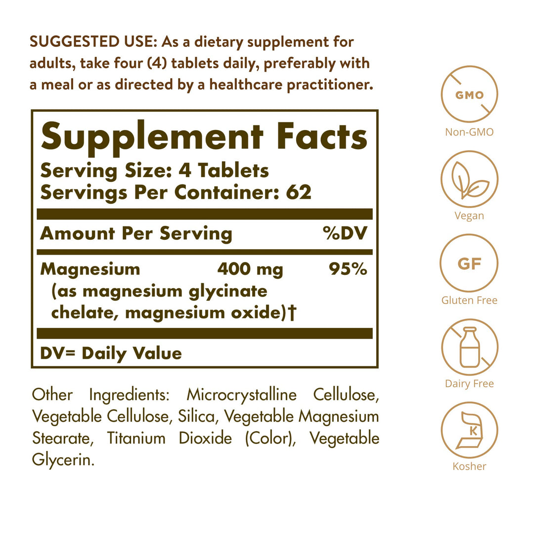 Solgar Chelated Magnesium, 250 Tablets - Supports Nerve & Muscle Function - Promotes Healthy Bones - Vital for Cellular Energy Release - Non-GMO, Vegan, Gluten Free, Dairy Free - 62 Servings