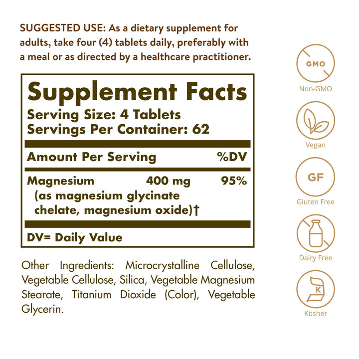 Solgar Chelated Magnesium, 250 Tablets - Supports Nerve & Muscle Function - Promotes Healthy Bones - Vital for Cellular Energy Release - Non-GMO, Vegan, Gluten Free, Dairy Free - 62 Servings