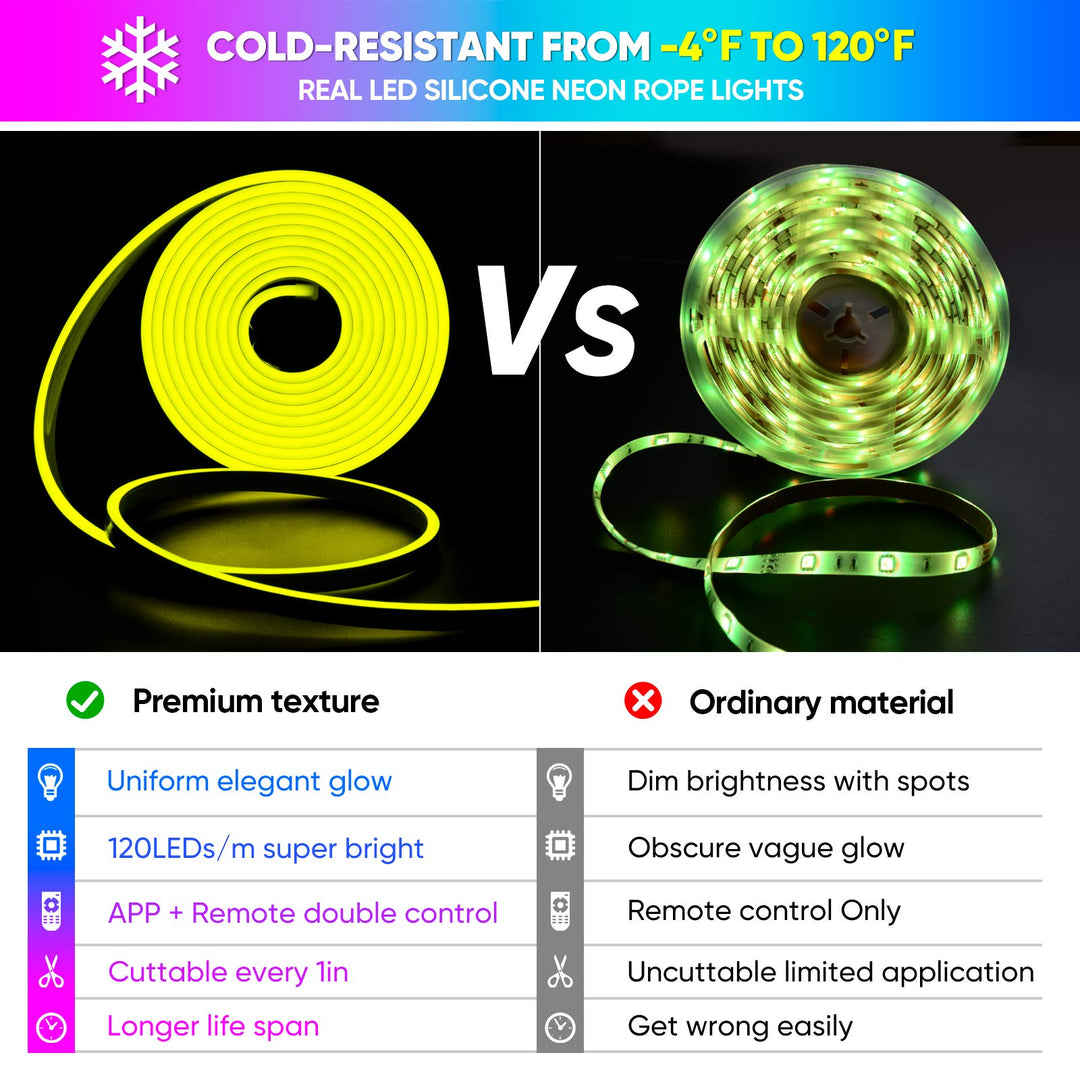 12V Smart Neon LED Neon Strip Lights RGB, Music Sync 16.4FT Flexible Silicone Neon Rope Lighting APP Bluetooth Control, Dimmable Custom Cuttable IP65 Waterproof for Indoor Outdoor