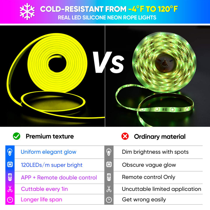 12V Smart Neon LED Neon Strip Lights RGB, Music Sync 16.4FT Flexible Silicone Neon Rope Lighting APP Bluetooth Control, Dimmable Custom Cuttable IP65 Waterproof for Indoor Outdoor