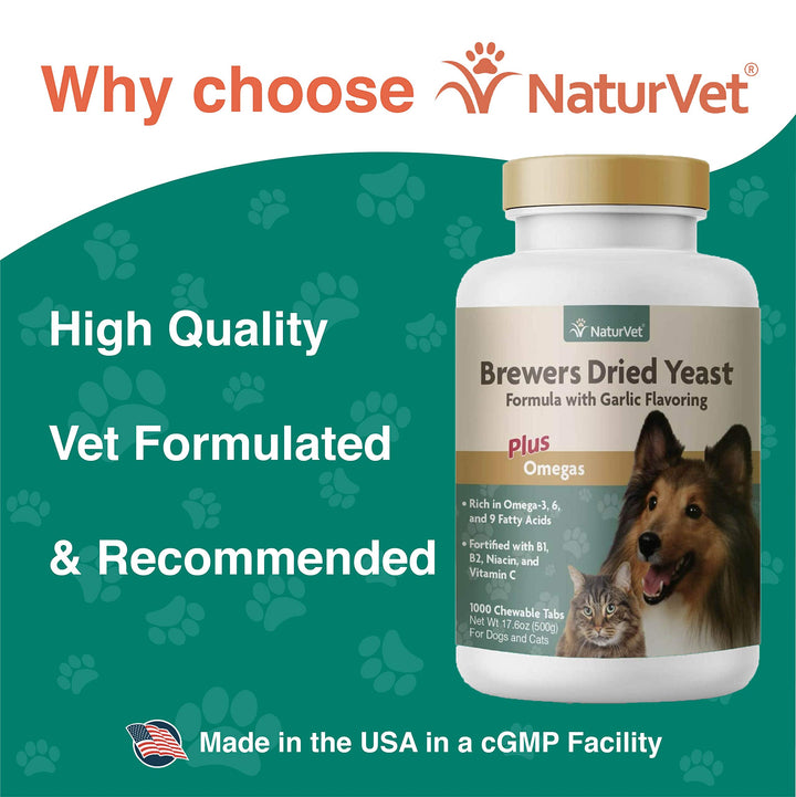 – Brewer’s Dried Yeast Formula with Garlic Flavoring – Plus Omegas | Rich in Omega-3, 6 & 9 Fatty Acids | Fortified with B1, B2, Niacin & Vitamin C | for Dogs & Cats | 1000 Chewable Tablets