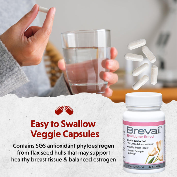 Brevail Plant Lignan Extract Capsules, Proactive Breast Health Supplement with 50 mg SDG Lignans from Flax Seed Hulls for Healthy Estrogen Balance and PMS Mood Support Pills, 30 Count